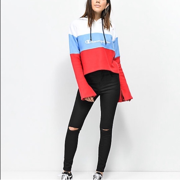 Champion Reverse Weave Striped Hoodie Women Medium Blue Red White EUC - Picture 3 of 8